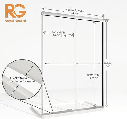 Shower Door, 44-48" W x 70" H Semi-Frameless Double Sliding Shower Doors