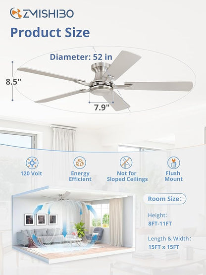 ZMISHIBO 52 Inch Ceiling Fan No Light, Flush Mount Low Profile, Modern Nickel