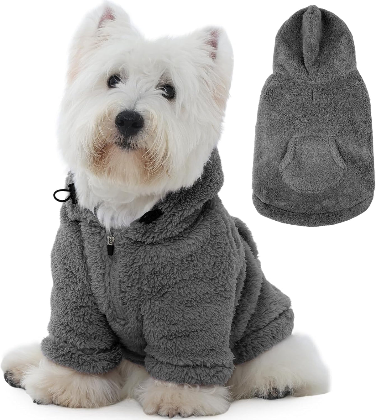 IDOMIK Fuzzy Dog Sweater with Adjustable Hood, Warm Fleece Dog Sweater Hoodie with Harness Hole & Pocket, Pullover Sweaters for Small Dogs, Fuzzy Hooded Sweatshirt for Fall Winter Christmas,Grey,XS