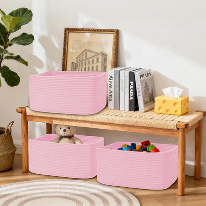 4 Pack Large Storage Basket for Organizing, 17.5"x13"x7" Woven Basket for Shelves, Closet Cube Storage Bins with Wrapped Handle, Cotton Rope Baskets for Kitchen, Clothes, Toys(Light Pink)