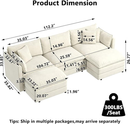 Aoowow Modular Sectional Sofa Modern Convertible U Shaped Couch,112.2 Inch Deep 3-Seater Sofas Set Comfy Chenille Cloud Sofas and Couches with Movable Ottoman for Living Room Apartment（Beige）