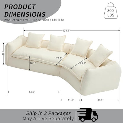 129.9” Curved Boucle Sofa Couch, Modern Sectional Sofa Cloud Deep Seat Couch with 4 Pillows, Comfy Modular 4-Seat Couches for Living Room Apartment (Beige)