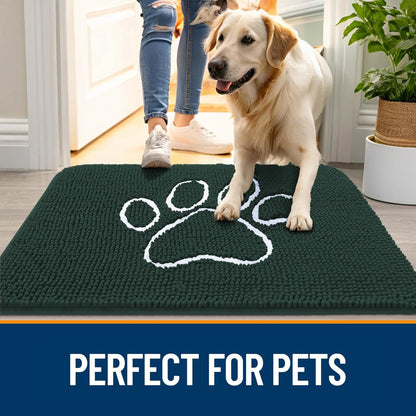 OLANLY Door Mat for Muddy Dog Paws 40x32, Absorbent Chenille Mud Doormat with Paw Print Design, Non-Slip Washable Doormat for Indoor Entryway, Quick-Dry Pet Bed Mats for Dirty Dogs, Blackish Green