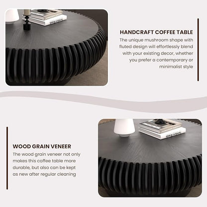 Round Drum Coffee Table for Living Room, Mid Century Modern Coffee Table with Sturdy Pedestal, Farmhouse Fluted Circle Center Table Accent Tea Table for Apartment (31.5" Black)