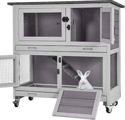 Rabbit Hutch Indoor Outdoor, Bunny Cage with Casters, Guinea Pig Cage Bunny Hutch with Two Plastic Trays 36inch