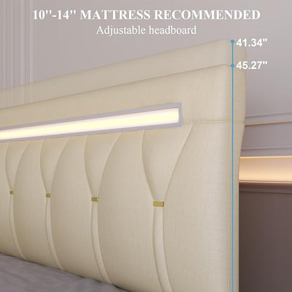 Full Size Bed Frame with Bluetooth Speaker, LED Lights and Charging Station, Faux Leather Linen Fabric Adjustable Headboard,Modern Upholstered Bed, Wood Slat Support, Easy Assemble, Beige