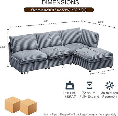 FIRLZY 92" Modular Sectional 4 Seater Sofa with Removable Covers and Storage, Convertible L-Shaped and Sleeper Sectional, Modern Corduroy Couches with Ottoman Chaise for Living Room, Apartment, Gray