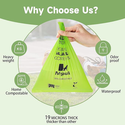 100% Certified Compostable Dog Poop Bag Rolls, 120 Bags (8 Rolls) Eco-Friendly Poop Bags for Dogs, Leak Proof Unscented Easy Open Poop Waste Bag（Green）