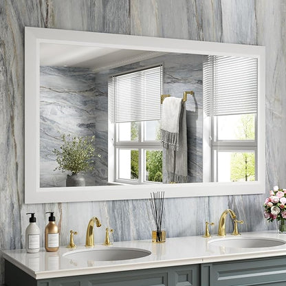 Amorho Bathroom Mirror, 50X30 Inch White Thick Metal Framed Wall Mirrors