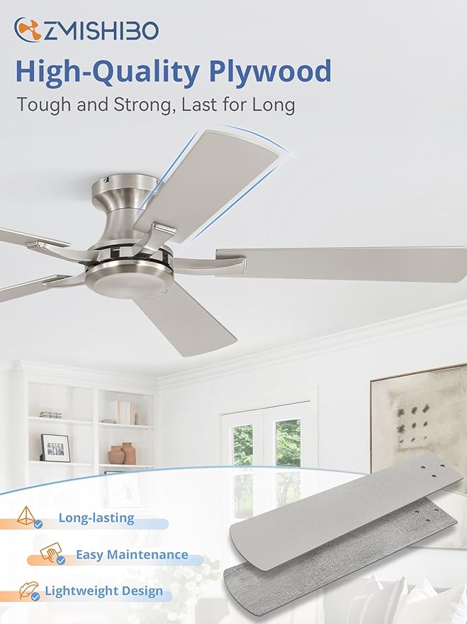 ZMISHIBO 52 Inch Ceiling Fan No Light, Flush Mount Low Profile, Modern Nickel