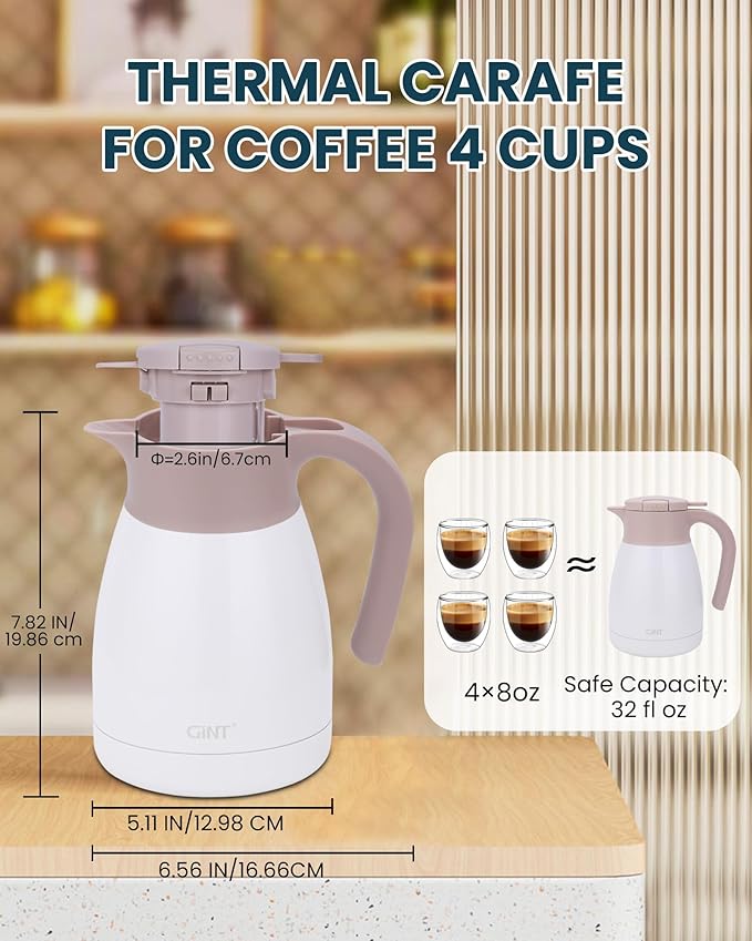 GiNT 1L / 34Oz Thermal Coffee Carafe, Insulated Stainless Steel Coffee Carafes