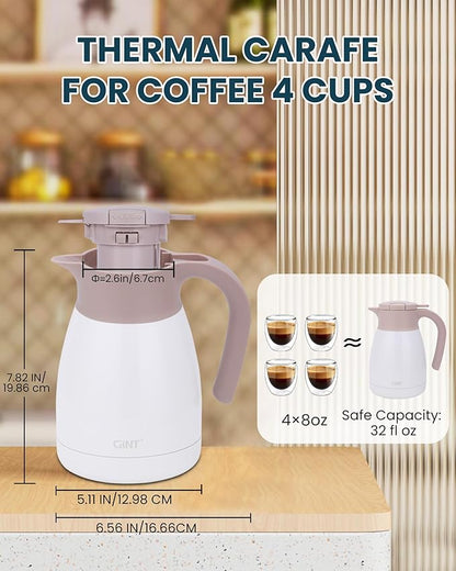 GiNT 1L / 34Oz Thermal Coffee Carafe, Insulated Stainless Steel Coffee Carafes