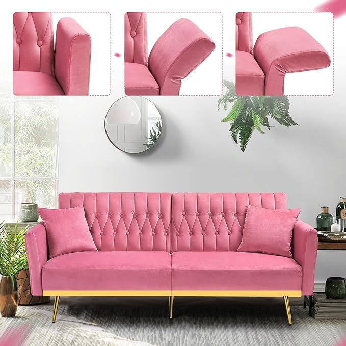70” Velvet Futon Sofa Bed with 2 Pillows and Adjustable Armrests, Convertible Sleeper Bed, Modern Loveseat for Living Room, Bedroom, Pink