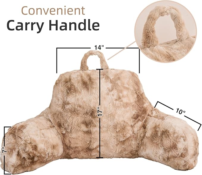 A Nice Night Faux Fur Reading Pillow Bed Wedge Large Adult Children Backrest with Arms Back Support for Sitting Up in Bed/Couch for Bedrest, Tie Dyed Khaki