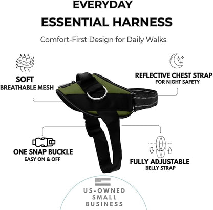 ShawnCo Essential Dog Harness, No-Pull Pet Vest (Olive Green,XL) | 3 Leash Clips, Easy On, No-Choke, Reflective, Adjustable Fit, Padded Comfort, Control Handle, For Small, Medium & Large Dogs