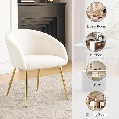 Modern Small Accent Chair Set of 4, Comfy Sherpa Makeup Vanity Chair with Golden Metal Legs, Decorative Dining Chair no Wheels for Living Room, Dressing Room, Bedroom, White