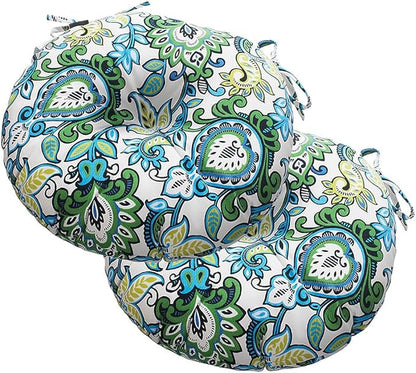 Magpie Fabrics Outdoor Round Bistro Seat Cushions with Ties, 15"x15"x4" Set of 2, Tufted Waterproof Barstool Chair Pads for Patio Home Garden Office, Floral Blue Green