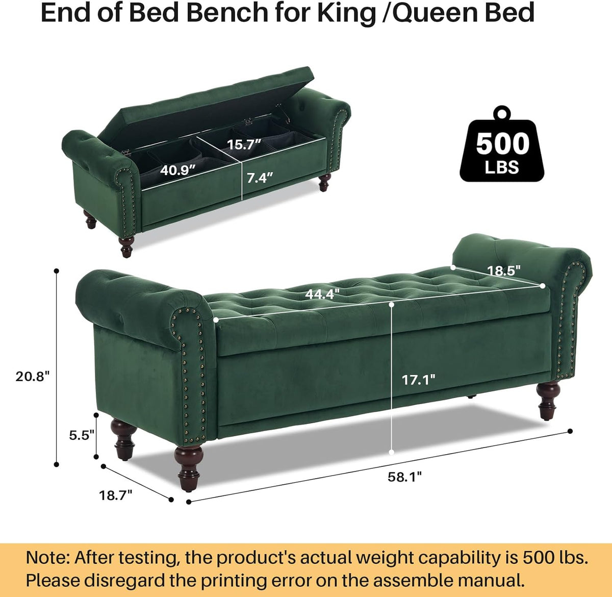 58.1'' Storage Bench Upholstered Velvet End of Bedroom Bed Bench Ottoman with Tufted Cushioned Rolled Arm Large Storage Space for Reading Living Room Entryway,Dark Green