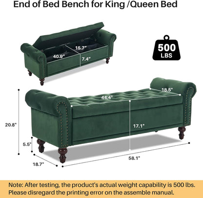 58.1'' Storage Bench Upholstered Velvet End of Bedroom Bed Bench Ottoman with Tufted Cushioned Rolled Arm Large Storage Space for Reading Living Room Entryway,Dark Green
