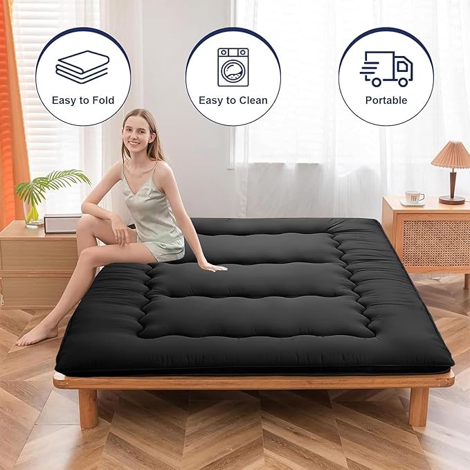 Japanese Floor Mattress,Thicken Japanese Floor Sleeping Pad Foldable,Roll Up Tatami Mat Easy to Store and Portable,Futon Mattress Suitable for Camping and Guest Room (Black, Queen (80" X 60"))