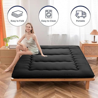 Japanese Floor Mattress,Thicken Japanese Floor Sleeping Pad Foldable,Roll Up Tatami Mat Easy to Store and Portable,Futon Mattress Suitable for Camping and Guest Room (Black, Queen (80" X 60"))