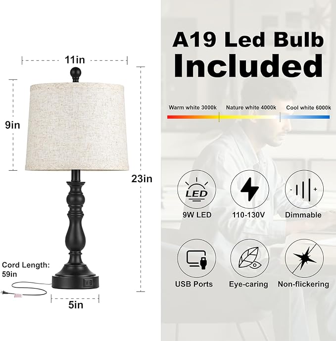 23'' Farmhouse Table Lamps for Living Room Set of 2 with USB C+A Ports, Retro Bedside Lamp for Bedroom, Office, Dining Room, Knob Switch, 3 Color Temperatures, Bulb Included, Black