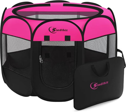 Siedihit Dog Playpen, Medium Puppy Pet Playpen, Dog Crate Tent Cage Indoor | Outdoor, Portable Pop Up Dogs Kennel Playpen with Carrying Case for Dogs/Cats/Rabbits, Hot Pink