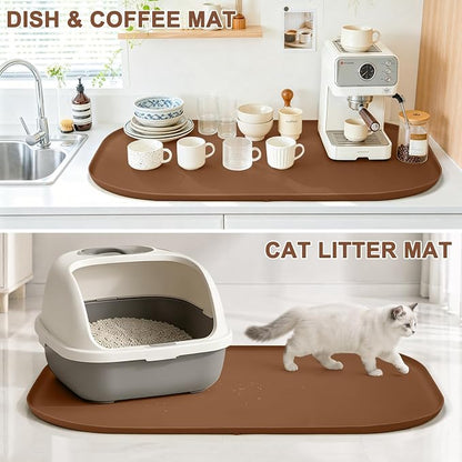 SMILOOL Waterproof Silicone Pet Food Mat with Raised Edge for Dog & Cat | 36" x 24" Non-Slip Large Pet Feeding Mats with Lip for Food & Water Bowl, Food Grade, Easy Cleaning, Brown