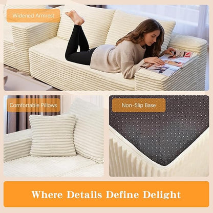 106'' Boneless Couches for Living Room, L Shaped Modular Sectional Sofa with Chaise Lounge, Faux Rabbit Fur & Layered Cushion Deep Seat Cloud Couch, No Assembly (Beige, Left Facing Chaise)
