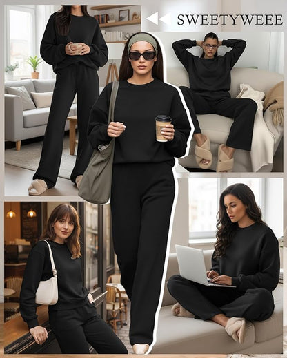 Sweetyweee Women's 2 Piece Outfits Set Fleece Lined Lounge Sweatsuit Crewneck Pullover Top Wide Leg Pants Casual Tracksuit