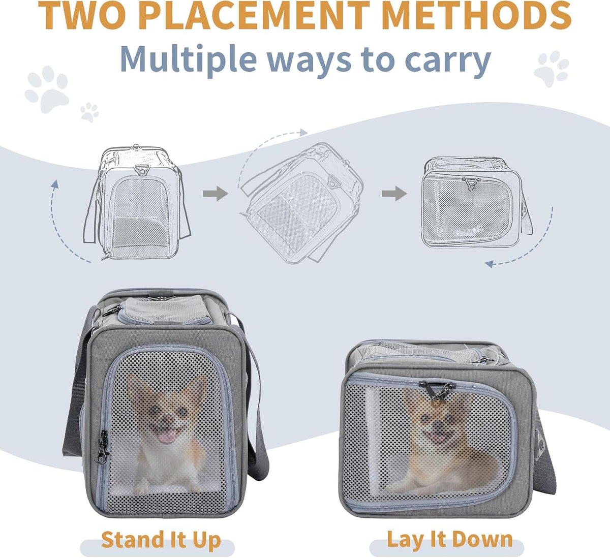 ‌Petsfit Airline Approved Pet Carrier for Small Dogs & Cats, 19x9x12 TSA Approved Carrier, with Removable Dual-Sided Padding (2-Way Placement) - Fits Under Most Airplane Seats, Escape Proof (Gray)