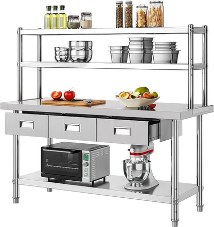 YITAHOME 60" X 24" NSF Stainless Steel Table with Overshelves and 3 Drawers, Work Table with 60" X 12" Shelf & 3 Drawers, Metal Table Prep Table for Commercial Home Kitchen Restaurant Garage Warehouse