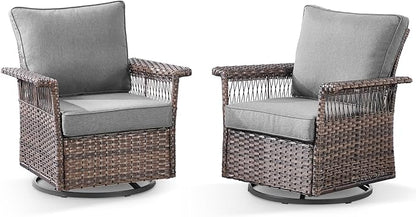 Outdoor Swivel Glider Chairs Set of 2 - Hollow Widen Armrests Wicker Patio Furniture Set, Comfortable High Back Outside Swivel Rocker for Balcony Porch Deck and Yard - Brown/Gray