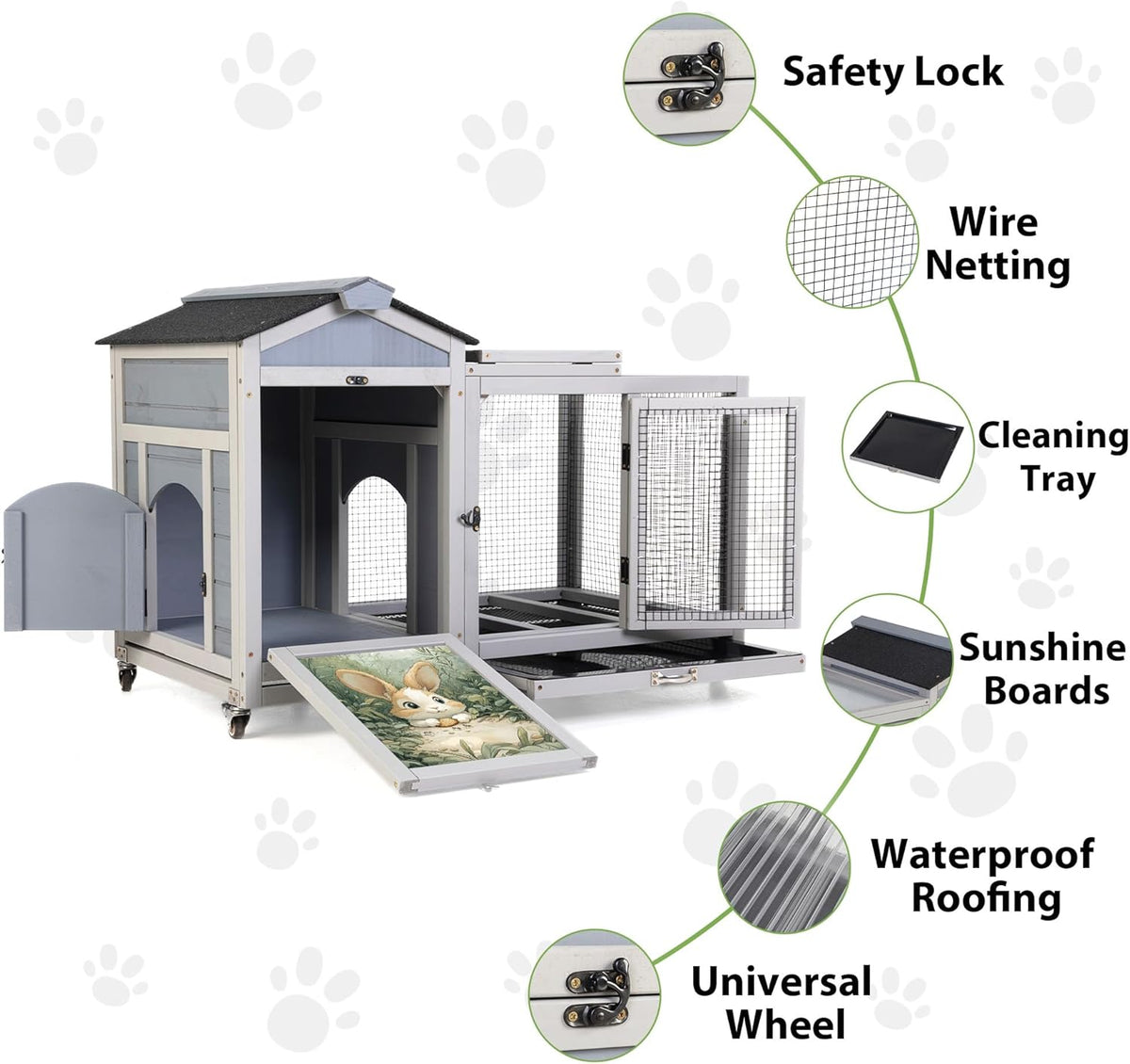 COZIWOW 38.5inches Durable Wooden Rabbit Cage Indoor，Wide Space Small Animal House with Removable Tray&Safety Lock，Rubbit Hutch with Waterproof Roof&Solar Panels (Grey with Pattern)