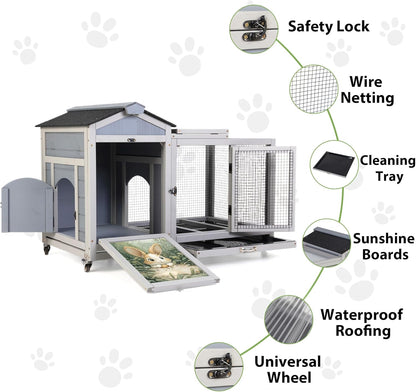 COZIWOW 38.5inches Durable Wooden Rabbit Cage Indoor，Wide Space Small Animal House with Removable Tray&Safety Lock，Rubbit Hutch with Waterproof Roof&Solar Panels (Grey with Pattern)