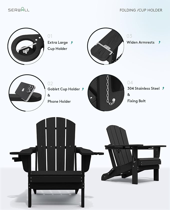 SERWALL 5-Piece Outdoor Round Coffee Table Set - 1 Table & 4 Adirondack Chairs with Cup Holders (Black)