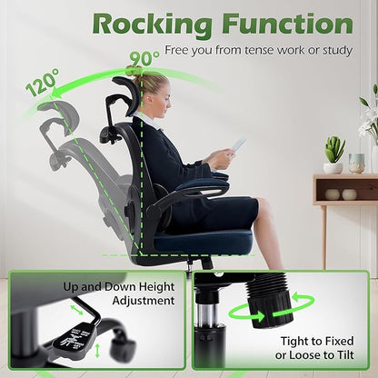 AreShark Office Chair Ergonomic Desk Chairs with Adjustable Lumbar Support& Headrest Hanger, High Back Breathable Mesh Chair with Wheels, Rolling Swivel Comfy Task Computer Chair for Home Work Gaming