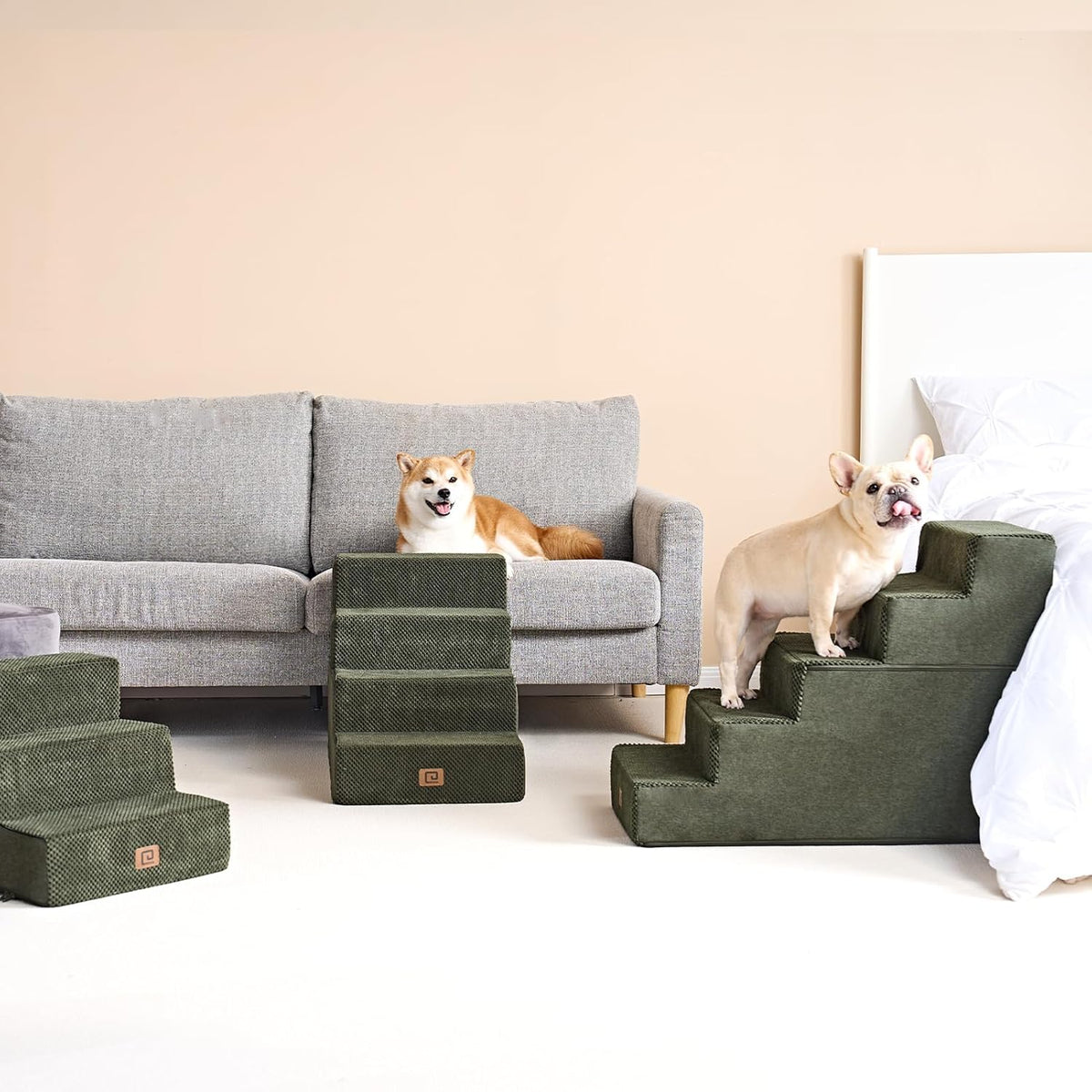 EHEYCIGA Dog Stairs for High Bed 22.5" H, 5-Step Dog Steps for Bed, Pet Steps for Small Dogs and Cats, Non-Slip Balanced Pet Ramp Indoor, Olive Green