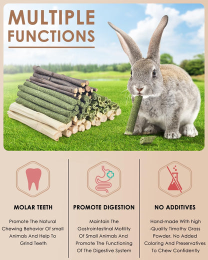 Bissap 60 PCS Rabbit Chew Sticks, Sweet Bamboo Timothy Hay Chew Stick Papaya Stems Apple Branch Bunny Chews for Rabbit Hamster Chinchilla Guinea Pig Small Pet Natural Molar Treats