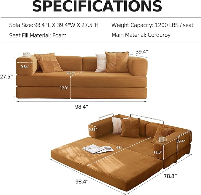 98.4''Convertible Sleeper Sofa Bed,Compressed Floor Boneless Couch,Modular Modern Corduroy Sofa for Living Room Bedroom -with Fixed-Shape Frame and Support Armrest,Easy Assembly(Yellow)