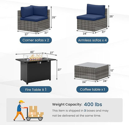 8 Pieces Outdoor Patio Furniture Set with 43" Fire Pit Table, Wicker Outdoor Patio Sectional Sofas with Coffee Table and Cushions, All-Weather Patio Conversation Set for Backyard Garden, Navy Blue