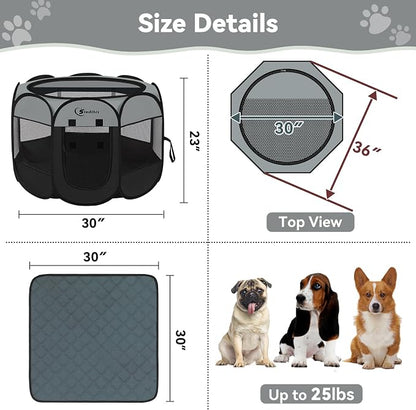 Siedihit Playpen for Middle Dog Cat, Dogs Tent Crate Cage Indoor | Outdoor, Portable Pop Up Dog Kennel with Carrying Bag for Rabbits (Dark Grey with Pad, Medium)