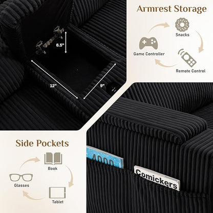 153" W x 60" D U Shape Sectional Sofa with USB Charging & Cup Holder & Storage, 6 Seater Plush Corduroy Couches with Movable Ottoman, Cloud Couch Sofas for Living Room, DIY Combination - Black