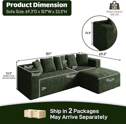 Modular Sectional Sofa, 107" L Shaped Cloud Couch Plush Corduroy Deep Seat Boneless Sofas with 5 Pillows Long Chaise Lounge Couches Memory Foam for Living Room - Green, Right Facing Chaise