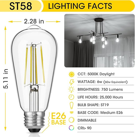 LED Edison Bulbs, 60W Equivalent ST19, Efficient 6W LED, E26 Medium Base Light Bulbs, High Brightness 750 Lumens, 5000K Daylight, Clear, Pack of 4
