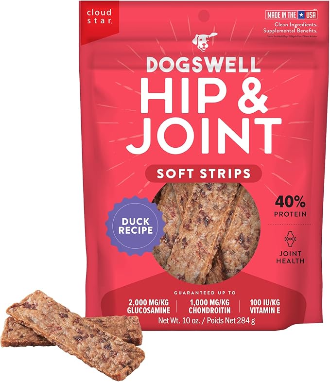 DOGSWELL Hip & Joint Dog Treats 100% Meaty, Grain Free, Glucosamine Chondroitin & Omega 3, Duck Soft Strips 10 oz