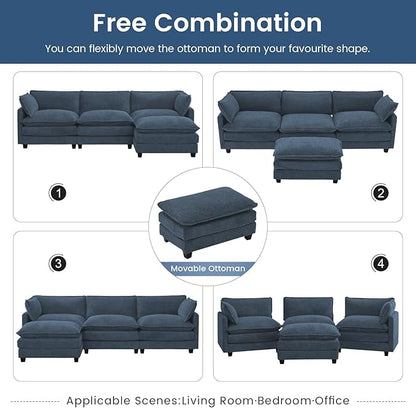 ROWHY Oversized Modular Sectional Couch with Movable Ottoman, 112" Modern Convertible L Shaped Sofa Set, 4 Seat Comfy Cloud Couch with 2 Throw Pillows, for Living Room, Chenille, Royal Blue