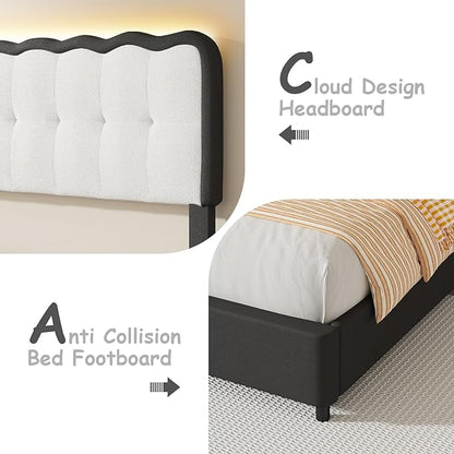 BarnFurin Full Size Bed Frame with LED Lights, Full Bed Frame with Headboard LED Lights, Upholstered Platform Bed with Cloud Headboard, No Box Spring Required, Easy Assembly, Black