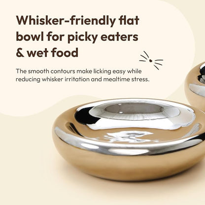Pebble Pet Bowl Flat Chrome, Ergonomic Dog Cat Feeding Bowl, Flat-Faced Breed, Tilted Ceramic Pet Food Dish, Scooper Eater, Anti-Spill Design, Dishwasher Safe, Modern Pet Bowl, Dry & Wet Diet