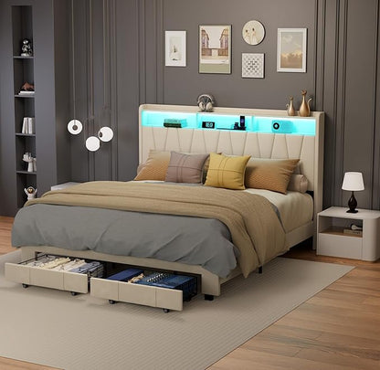 King Size Bed Frame, Velvet Upholstered LED Platform Bed with Headboard Storage, King Bed Frame Built-in Charging Station with 2 Drawers, Wood Slat Support, No Box Spring Needed, Beige